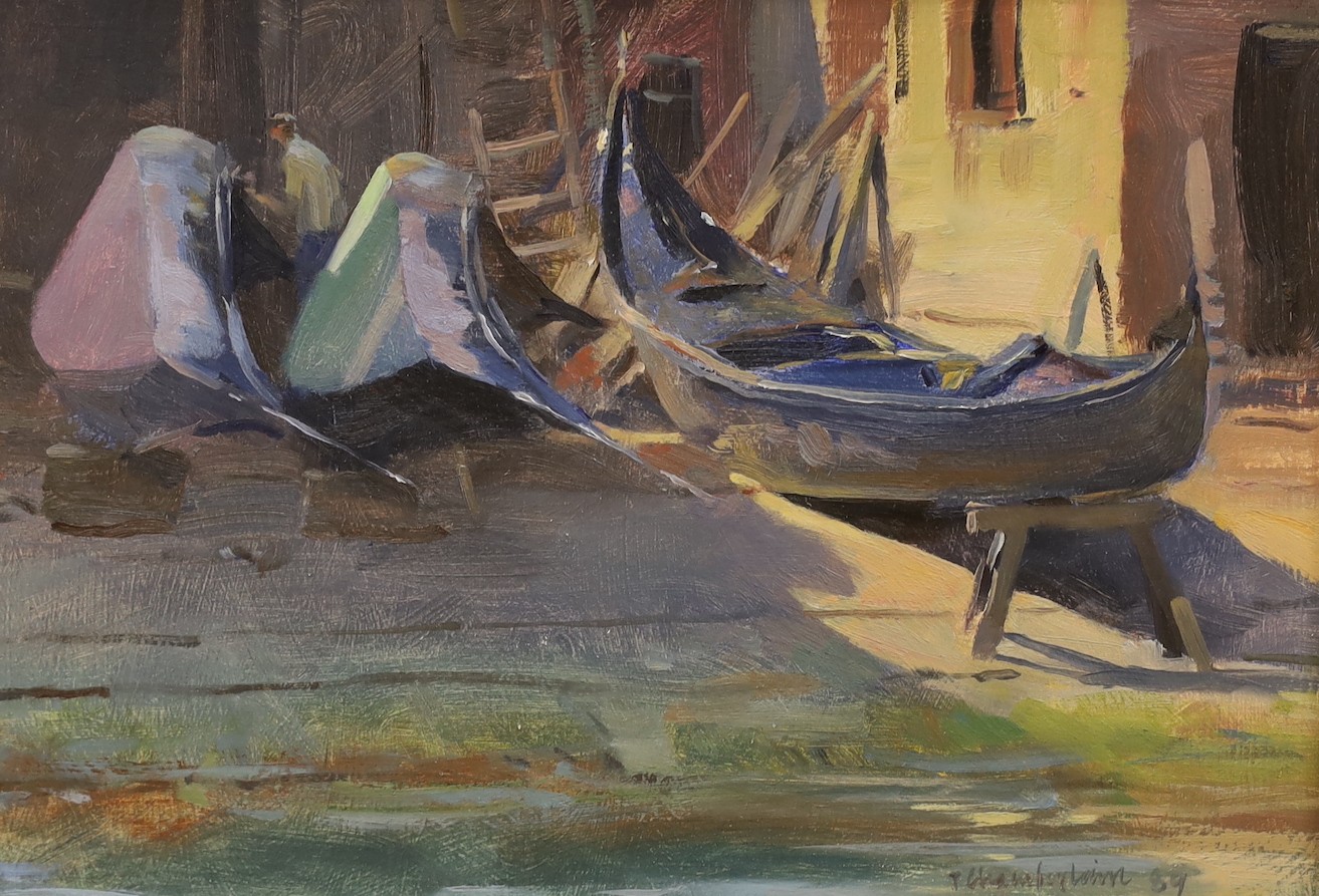 Trevor Chamberlain RSMA ROI, (1933-), oil on board, 'Gondola repair yard, Venice', signed and dated '89, 17 x 24cm